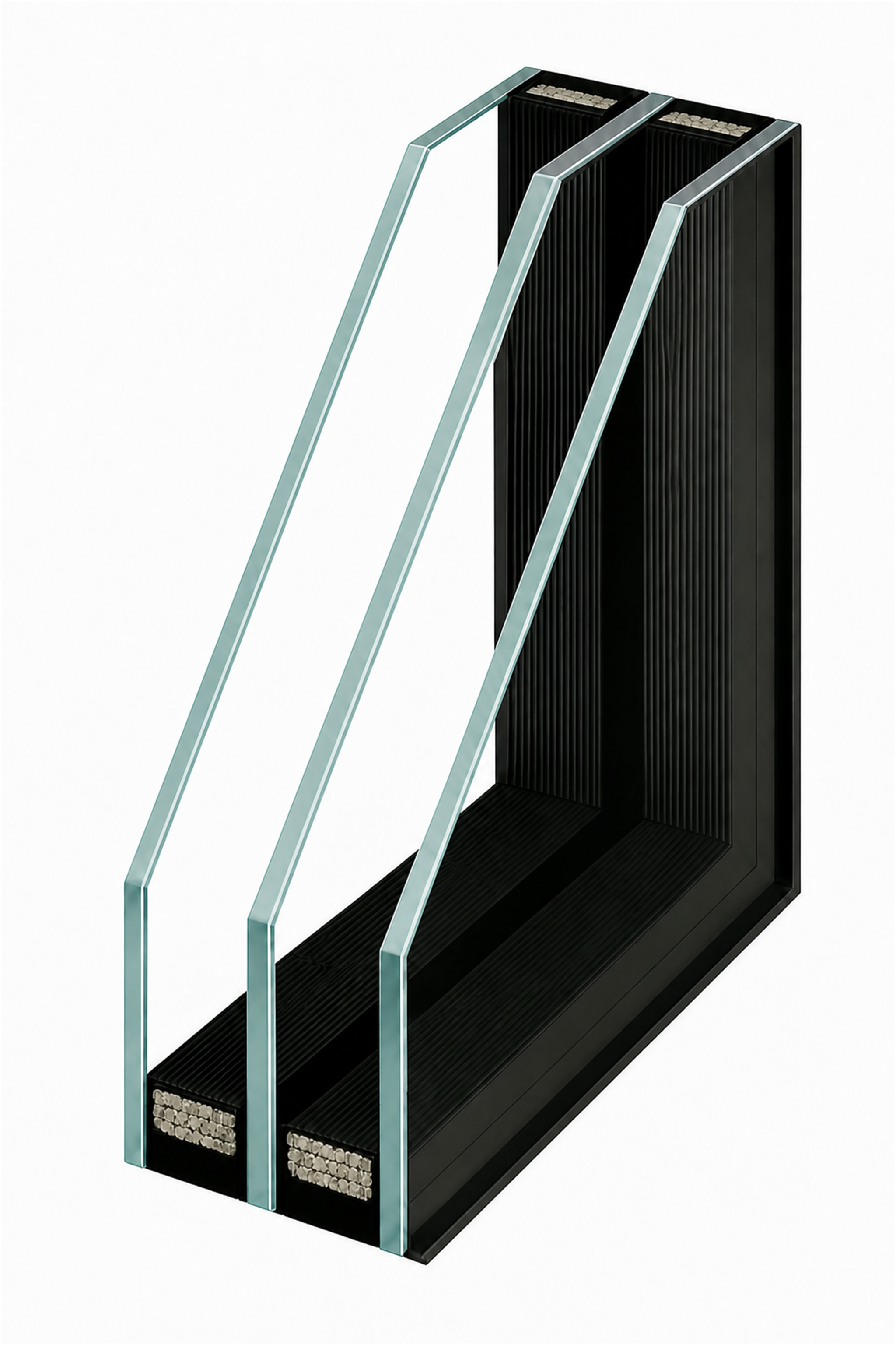 Triple insulating glass unit cutaway showing three glass panes and two warm edge spacer cavities