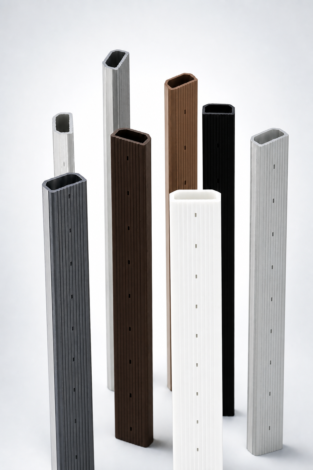 Eight AlphaTherm Pro warm-edge spacer profiles representing six standard finishes: Jet Black, Pearl Dark Grey, Light Grey, Traffic White, Clay Brown and Sepia Brown