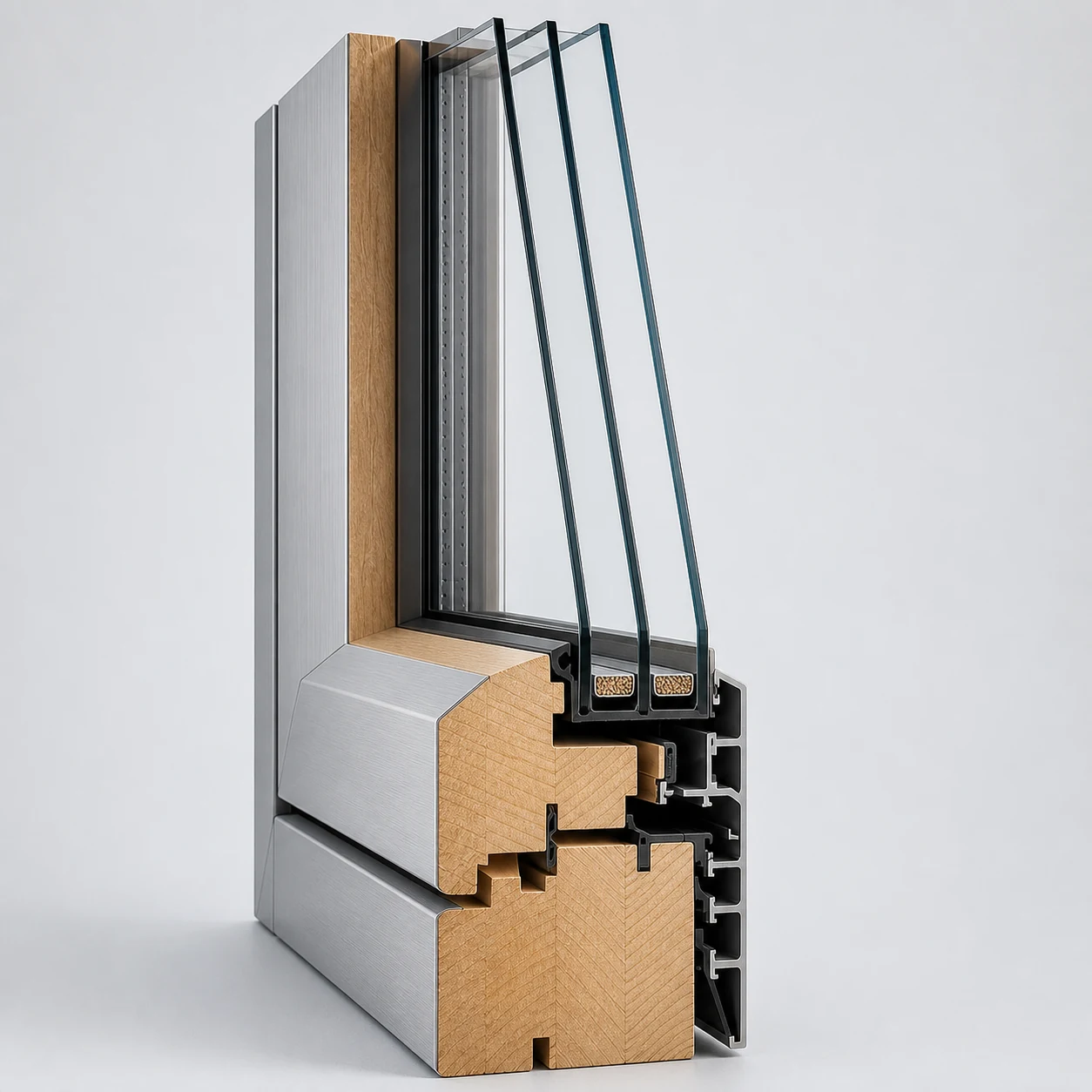 Single timber-aluminium window cross-section showing the frame, triple glazing and insulating-glass edge junction